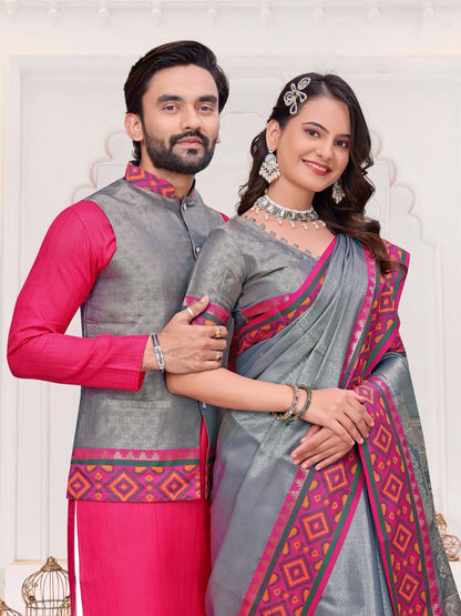 Grey Pure Jecqard Weaving Silk Saree With Kurta Pajama Jacket Matching Couple Combo Set