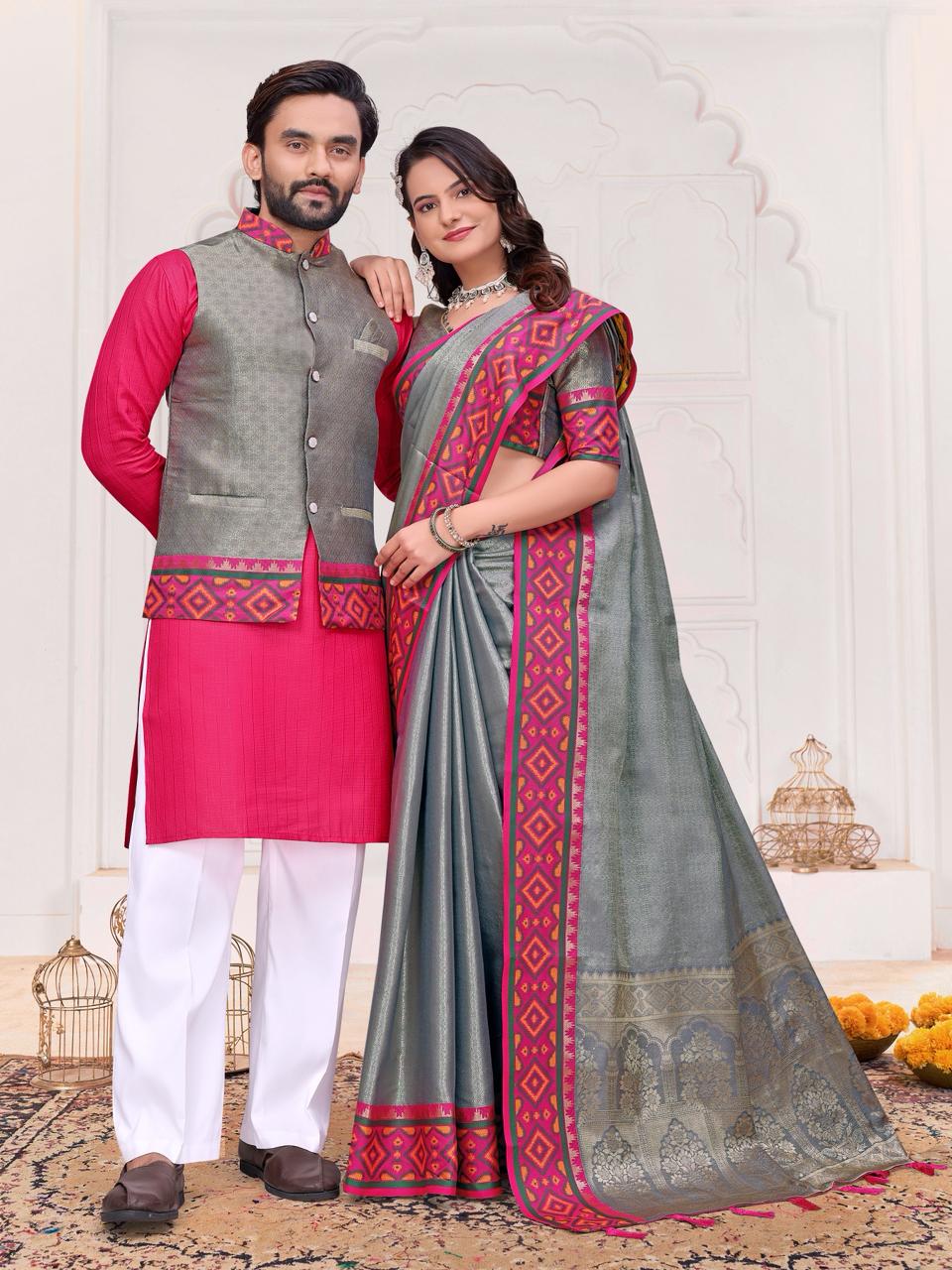 Grey Pure Jecqard Weaving Silk Saree With Kurta Pajama Jacket Matching Couple Combo Set