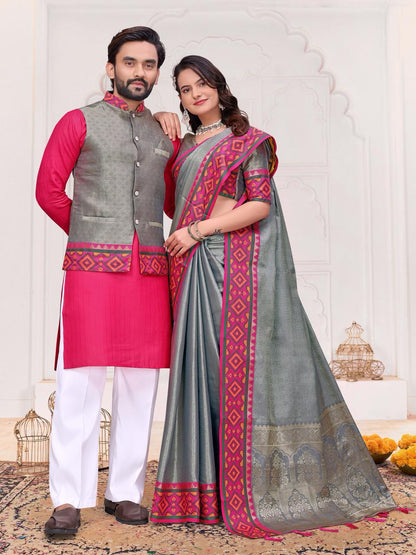 Grey Pure Jecqard Weaving Silk Saree With Kurta Pajama Jacket Matching Couple Combo Set