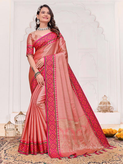 Peach Pure Jecqard Weaving Silk Saree With Kurta Pajama Jacket Matching Couple Combo Set
