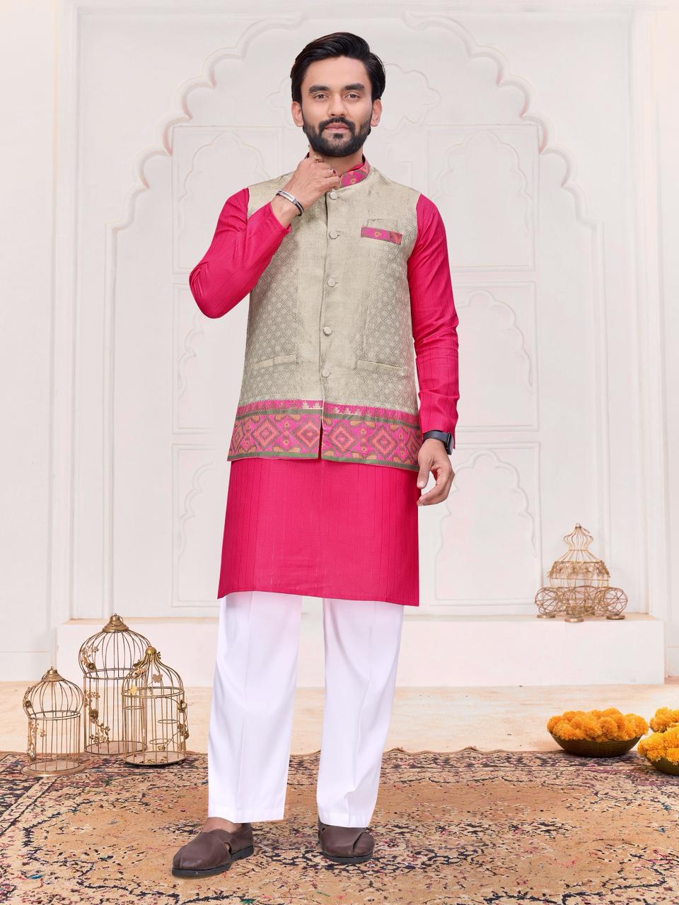 Cream Pure Jecqard Weaving Silk Saree With Kurta Pajama Jacket Matching Couple Combo Set