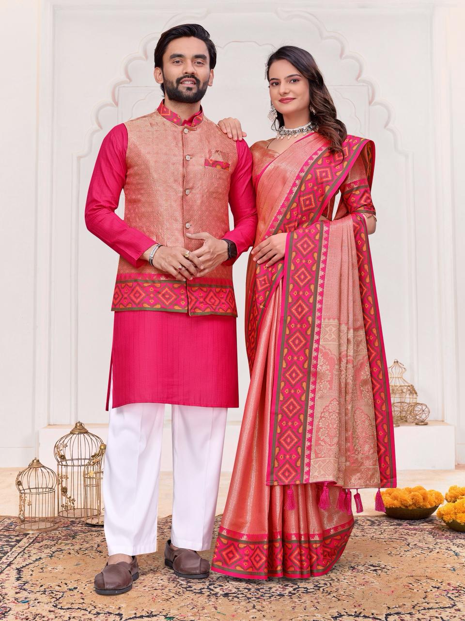 Peach Pure Jecqard Weaving Silk Saree With Kurta Pajama Jacket Matching Couple Combo Set