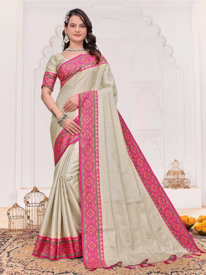 Cream Pure Jecqard Weaving Silk Saree With Kurta Pajama Jacket Matching Couple Combo Set