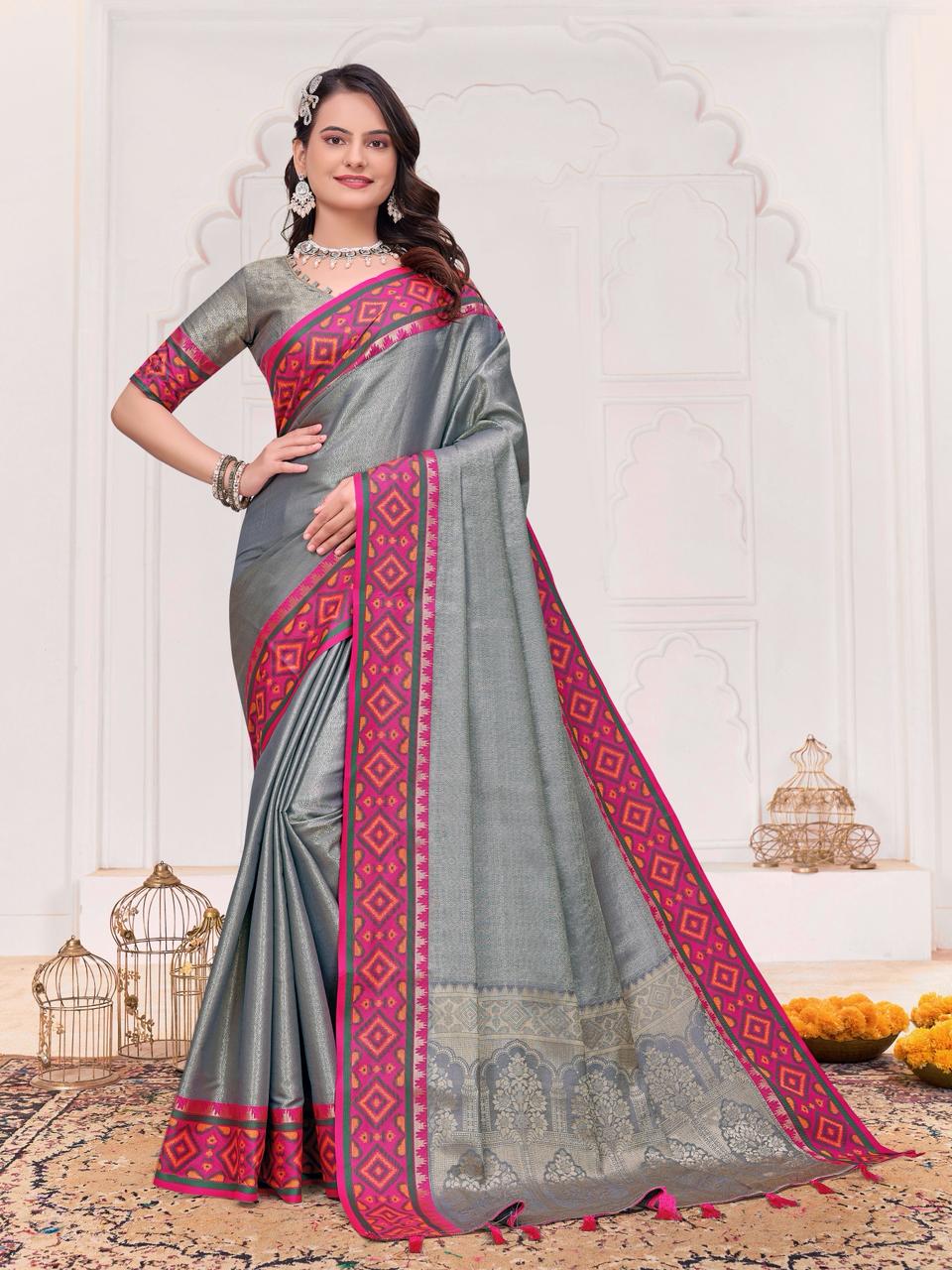 Grey Pure Jecqard Weaving Silk Saree With Kurta Pajama Jacket Matching Couple Combo Set