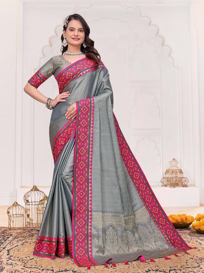 Grey Pure Jecqard Weaving Silk Saree With Kurta Pajama Jacket Matching Couple Combo Set
