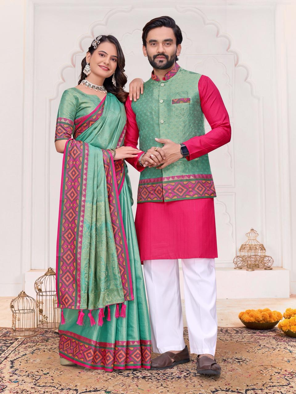 Green Pure Jecqard Weaving Silk Saree With Kurta Pajama Jacket Matching Couple Combo Set