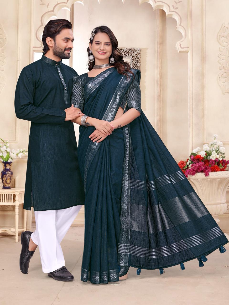 Rama Pure Cotton Linen Saree With Linen Kurta Pajama Jacket Matching Couple Combo Set