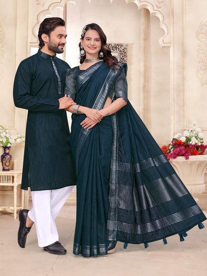 Rama Pure Cotton Linen Saree With Linen Kurta Pajama Jacket Matching Couple Combo Set