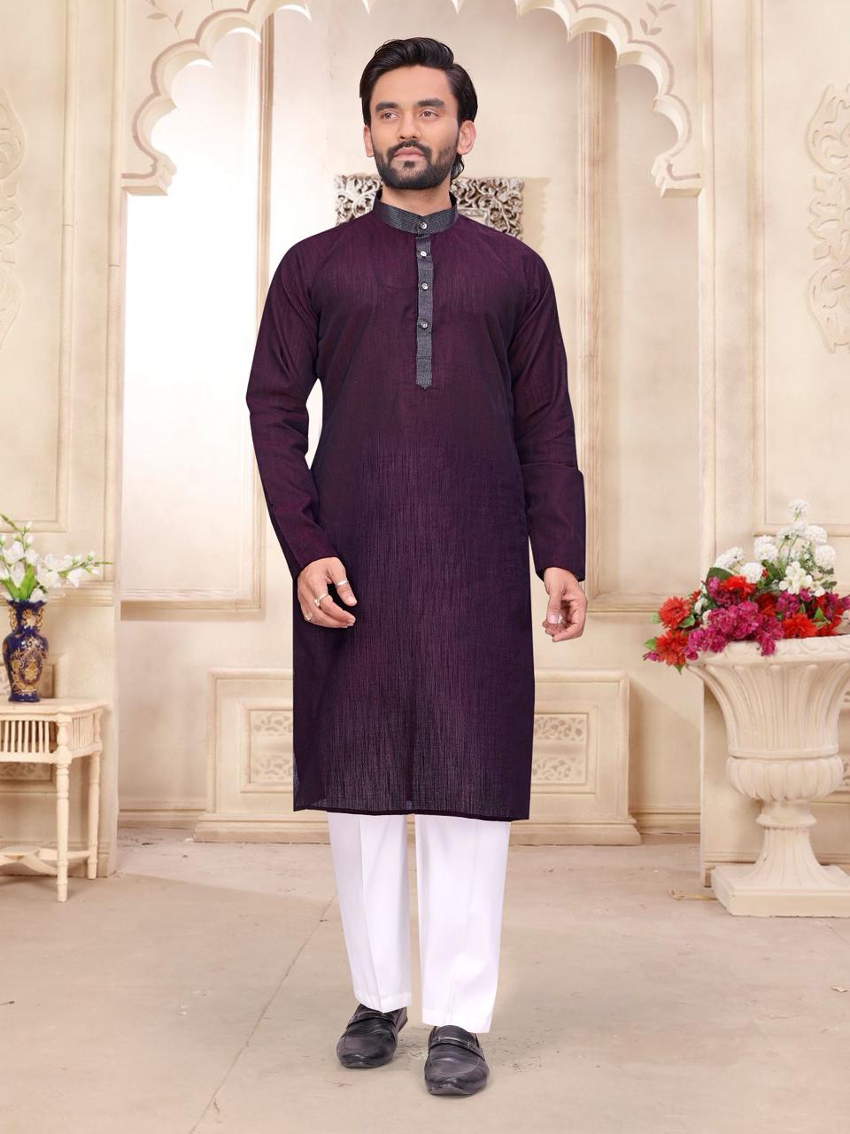 Wine Pure Cotton Linen Saree With Linen Kurta Pajama Jacket Matching Couple Combo Set
