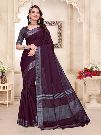 Wine Pure Cotton Linen Saree With Linen Kurta Pajama Jacket Matching Couple Combo Set