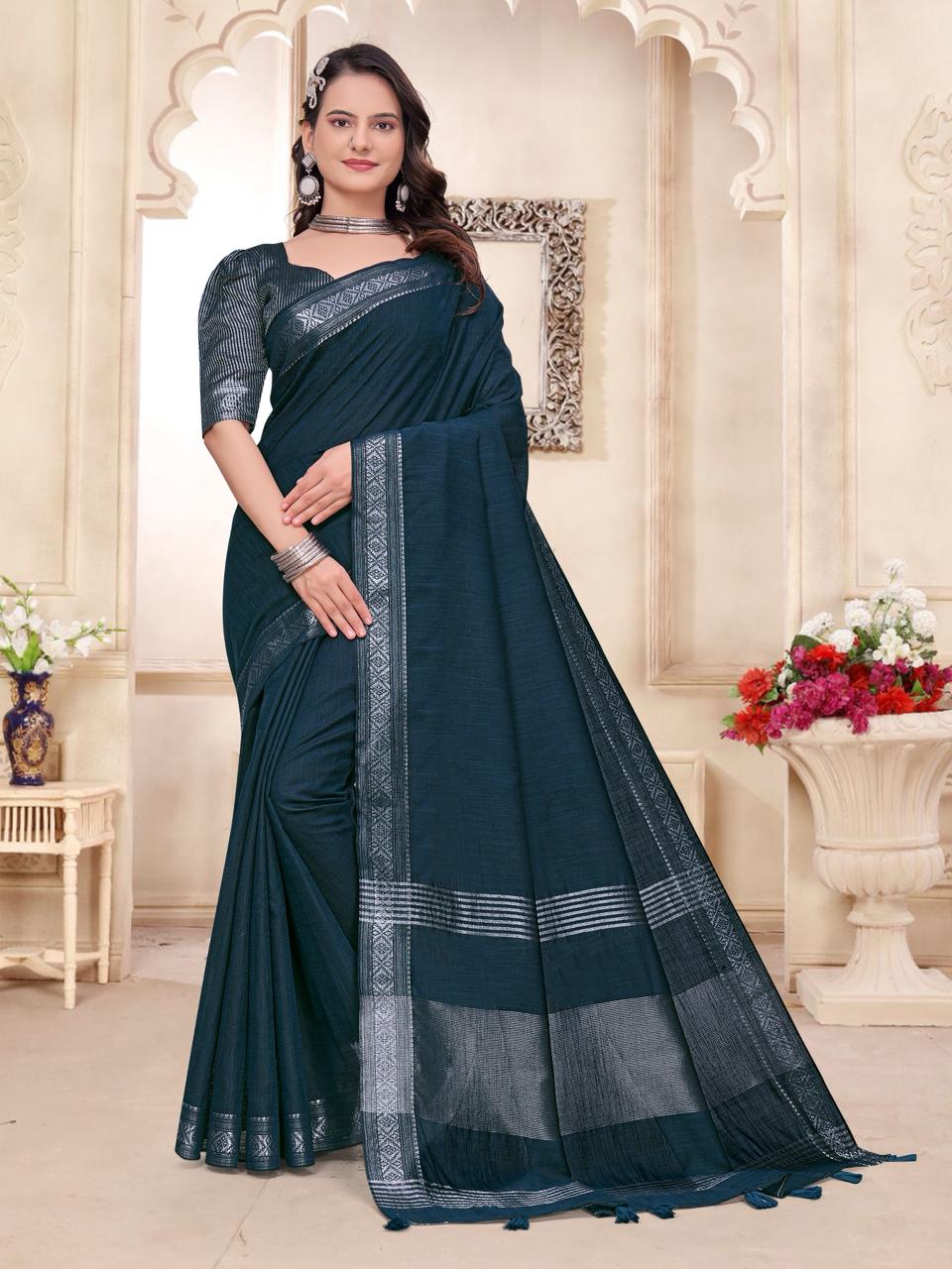 Rama Pure Cotton Linen Saree With Linen Kurta Pajama Jacket Matching Couple Combo Set