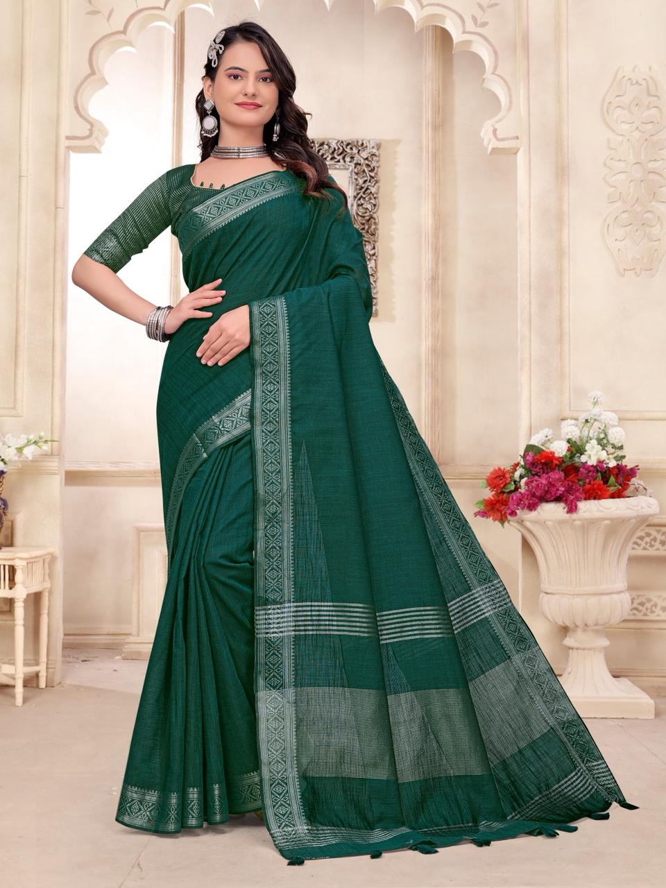 Green Pure Cotton Linen Saree With Linen Kurta Pajama Jacket Matching Couple Combo Set