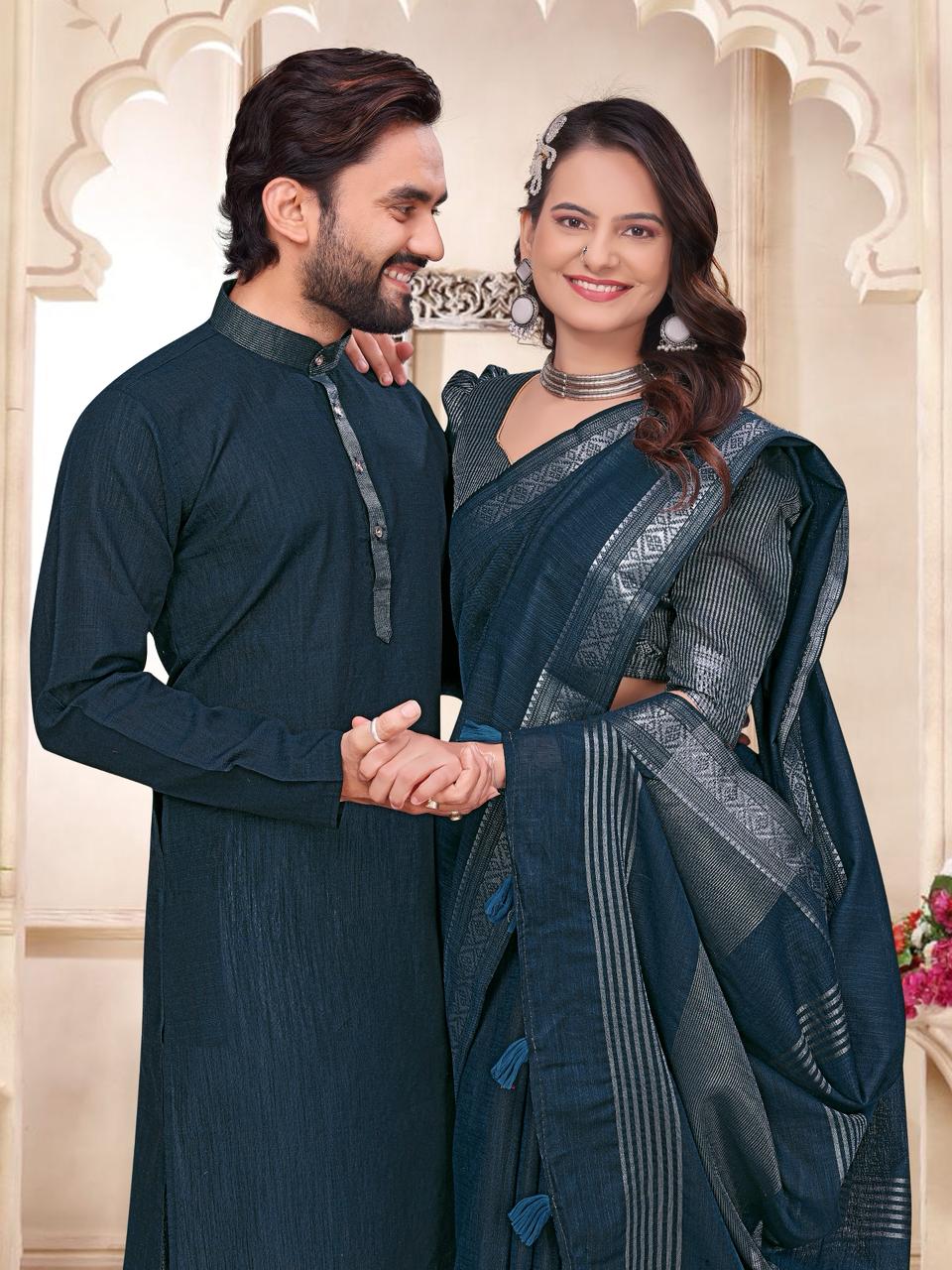 Rama Pure Cotton Linen Saree With Linen Kurta Pajama Jacket Matching Couple Combo Set