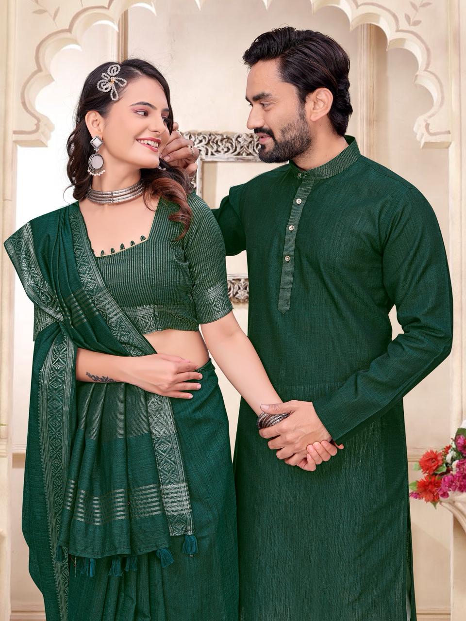 Green Pure Cotton Linen Saree With Linen Kurta Pajama Jacket Matching Couple Combo Set