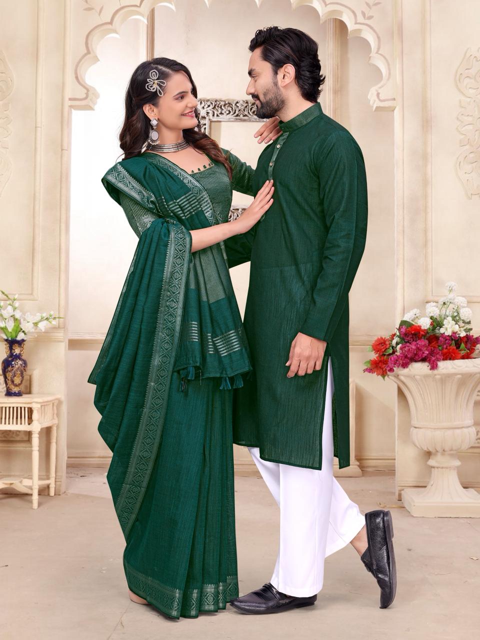 Green Pure Cotton Linen Saree With Linen Kurta Pajama Jacket Matching Couple Combo Set