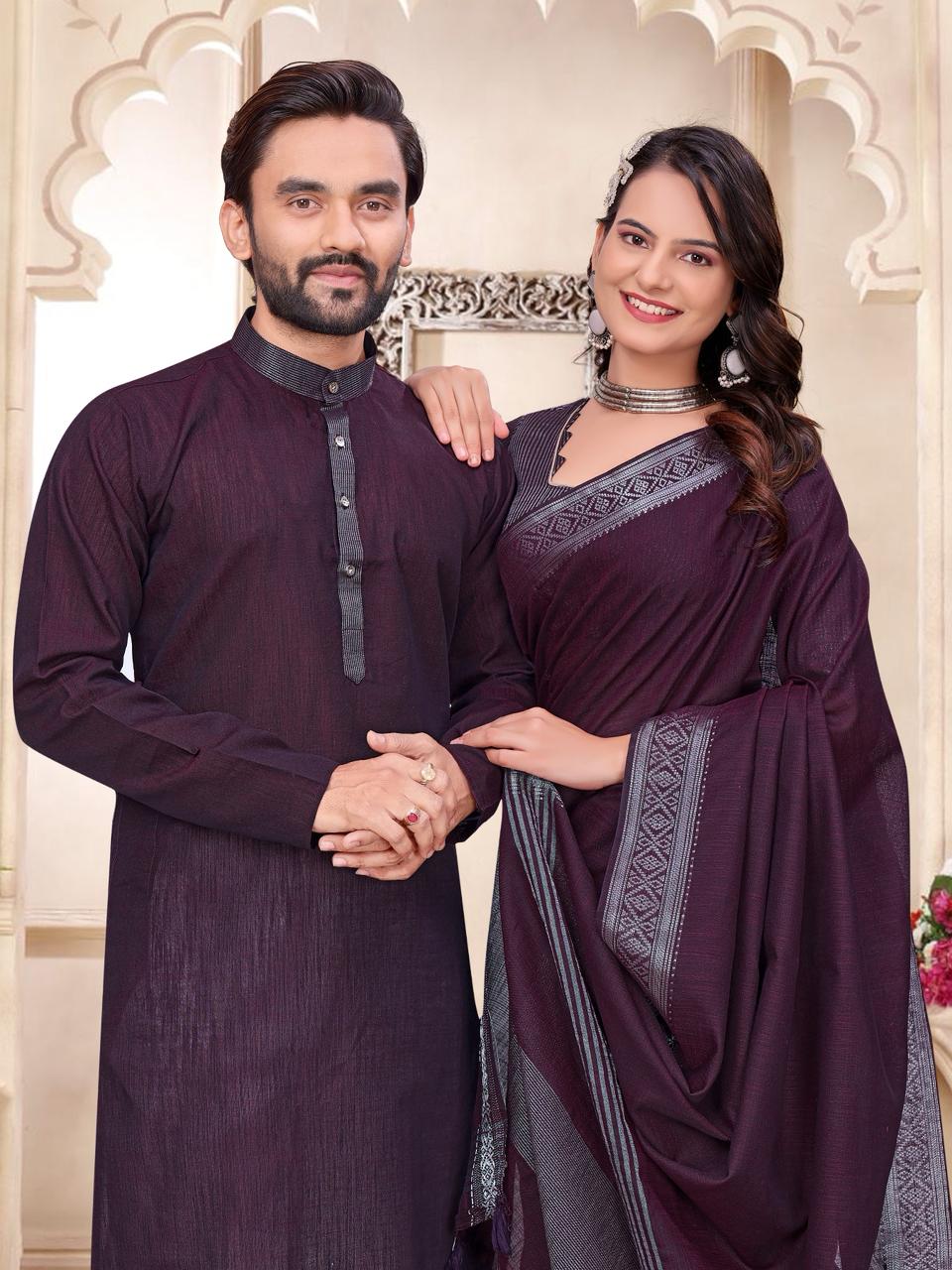 Wine Pure Cotton Linen Saree With Linen Kurta Pajama Jacket Matching Couple Combo Set