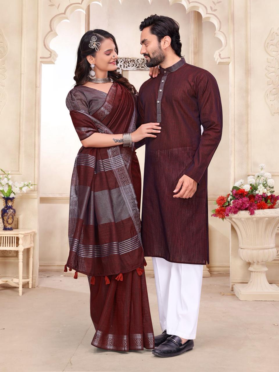 Maroon Pure Cotton Linen Saree With Linen Kurta Pajama Jacket Matching Couple Combo Set