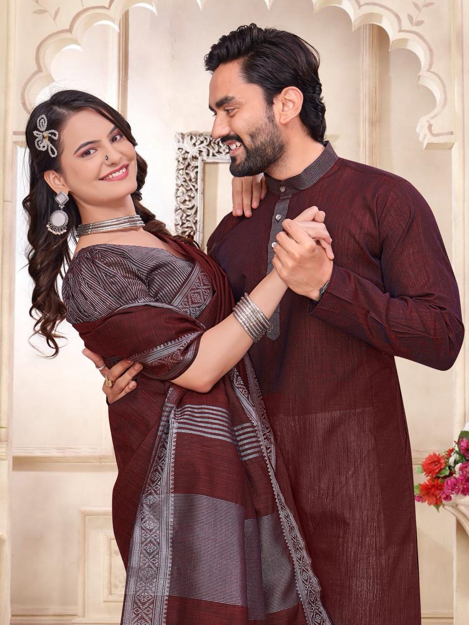 Maroon Pure Cotton Linen Saree With Linen Kurta Pajama Jacket Matching Couple Combo Set