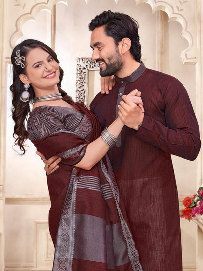 Maroon Pure Cotton Linen Saree With Linen Kurta Pajama Jacket Matching Couple Combo Set