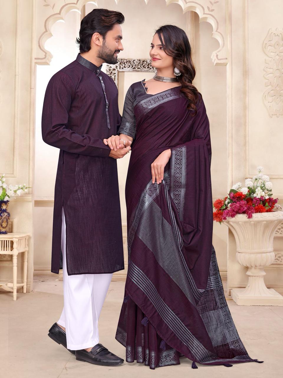 Wine Pure Cotton Linen Saree With Linen Kurta Pajama Jacket Matching Couple Combo Set