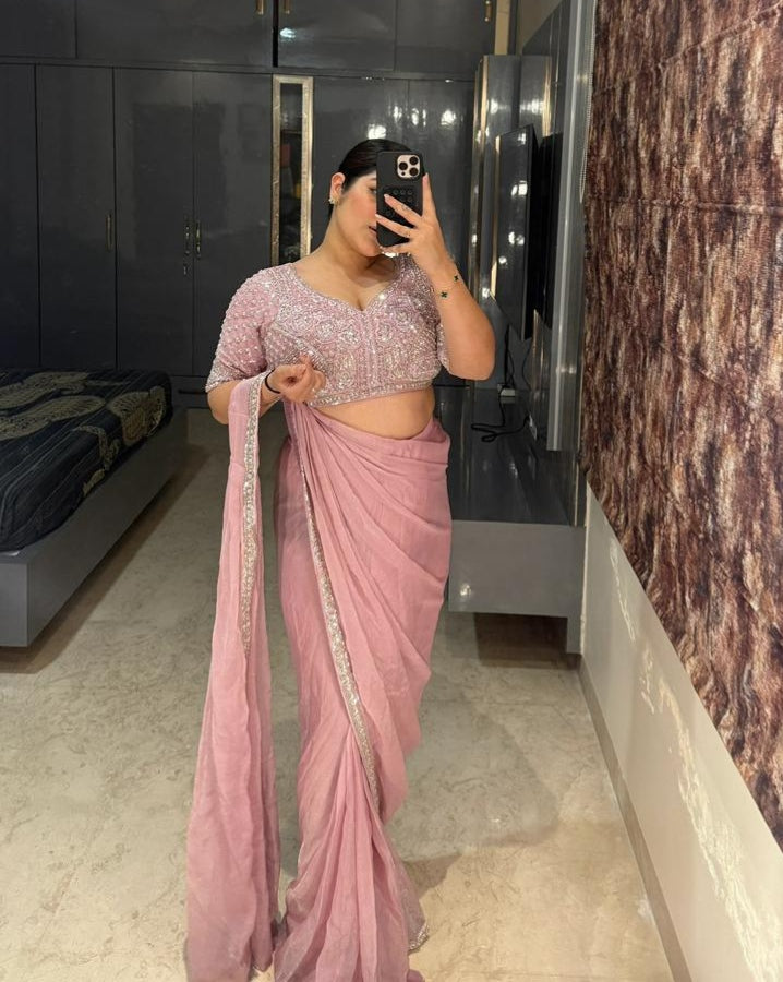 Pink Pure Imported Mous Silk Ready to Wear Saree
