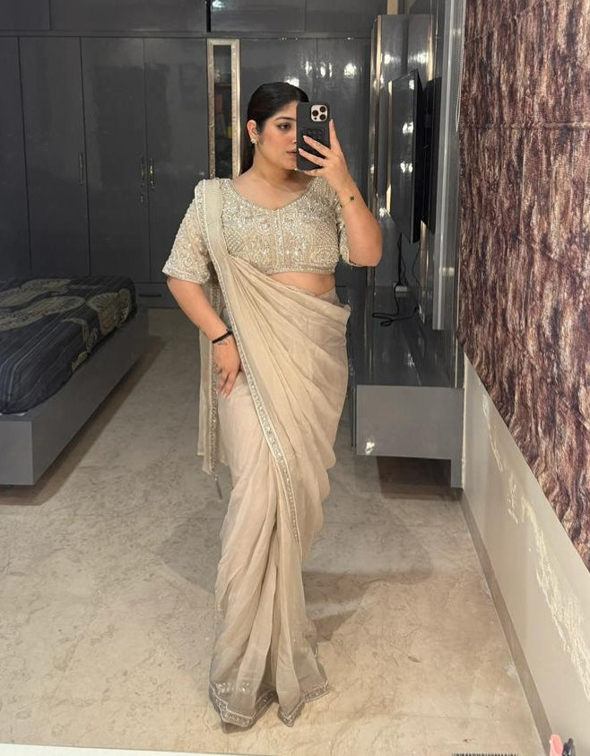 Cream Pure Imported Mous Silk Ready to Wear Saree