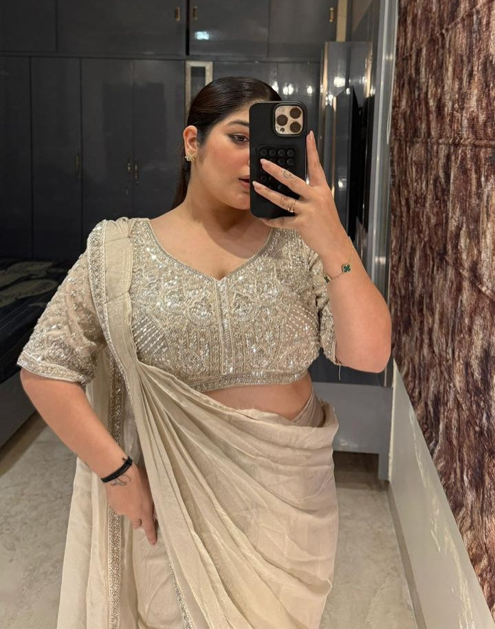 Cream Pure Imported Mous Silk Ready to Wear Saree