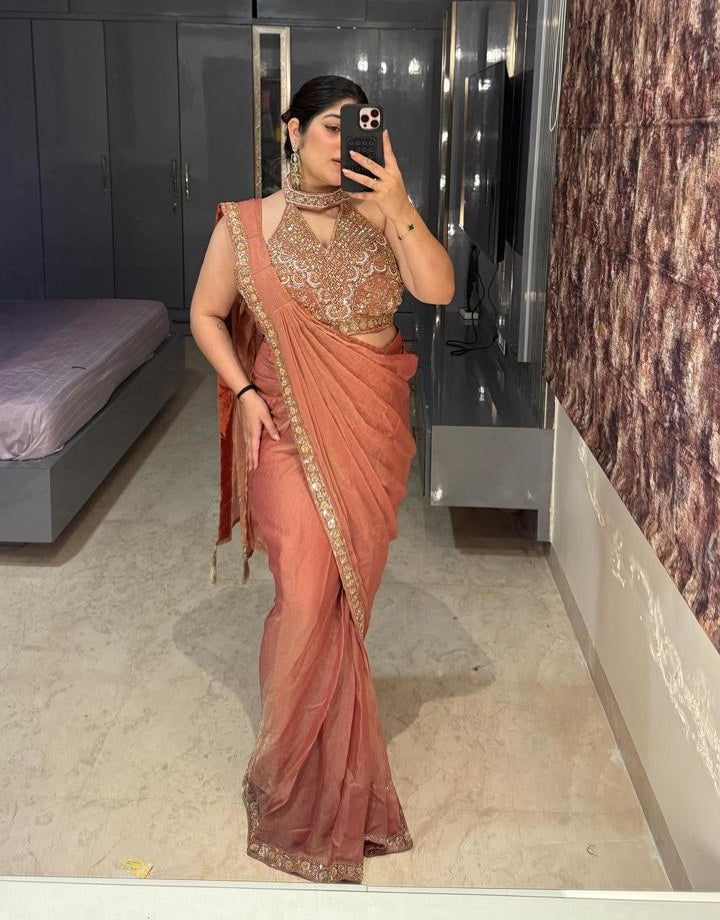 Orange Pure Imported Fendi Silk Ready to Wear Saree