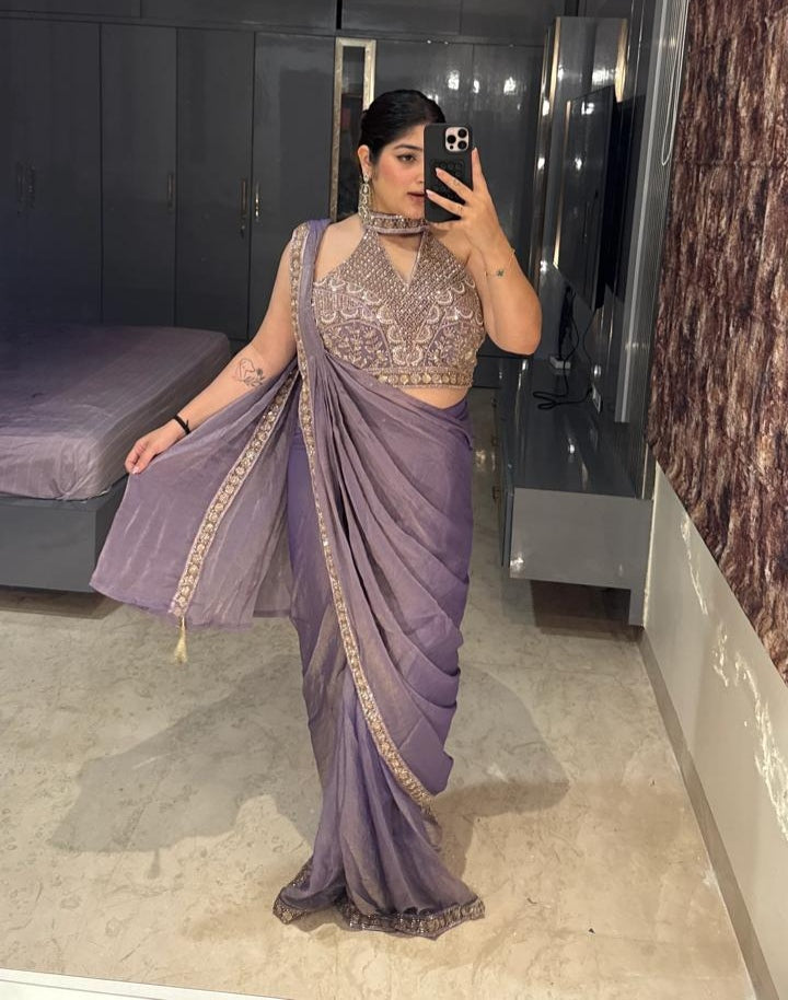 Lavender Pure Imported Fendi Silk Ready to Wear Saree