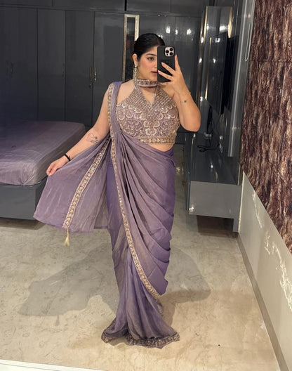 Lavender Pure Imported Fendi Silk Ready to Wear Saree