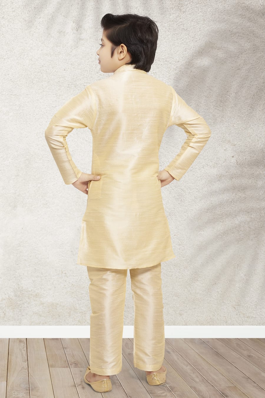 Cream Pure Soft Art Banarasi Silk Boys Kurta Pajama Jacket Set 