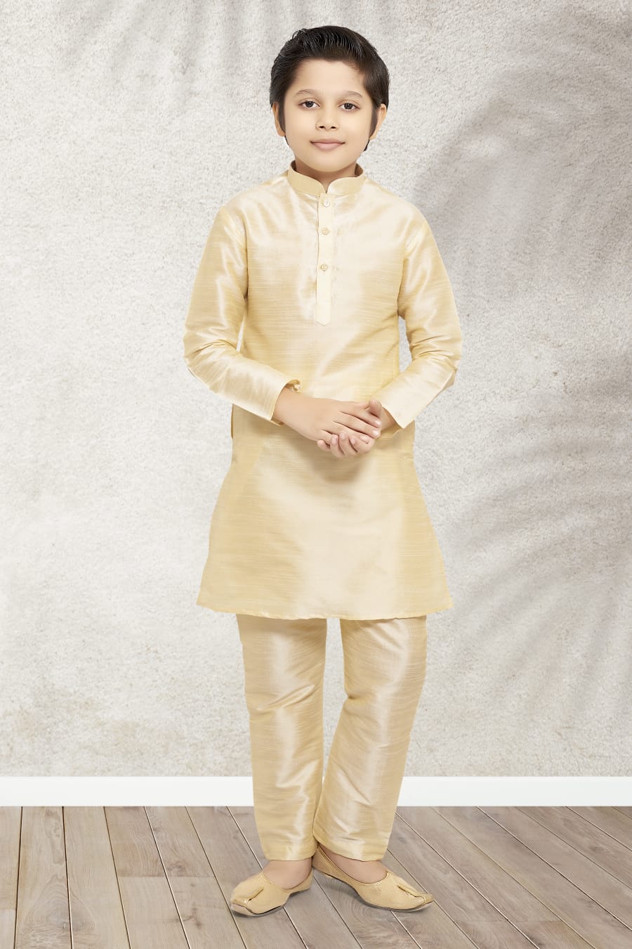 Cream Pure Soft Art Banarasi Silk Boys Kurta Pajama Jacket Set 
