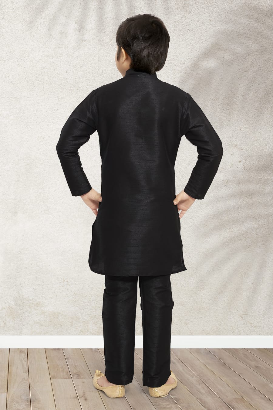 Black Pure Soft Art Banarasi Silk Boys Kurta Pajama Jacket Set 