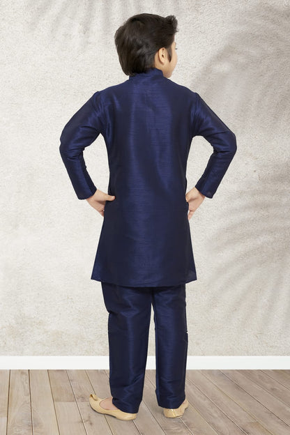 Blue Pure Soft Art Banarasi Silk Boys Kurta Pajama Jacket Set 