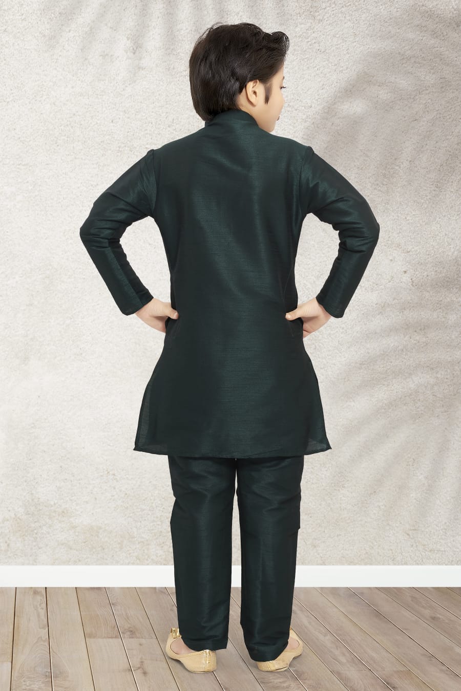 Black Pure Soft Art Banarasi Silk Boys Kurta Pajama Jacket Set 
