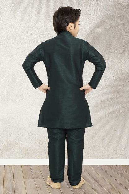 Black Pure Soft Art Banarasi Silk Boys Kurta Pajama Jacket Set 