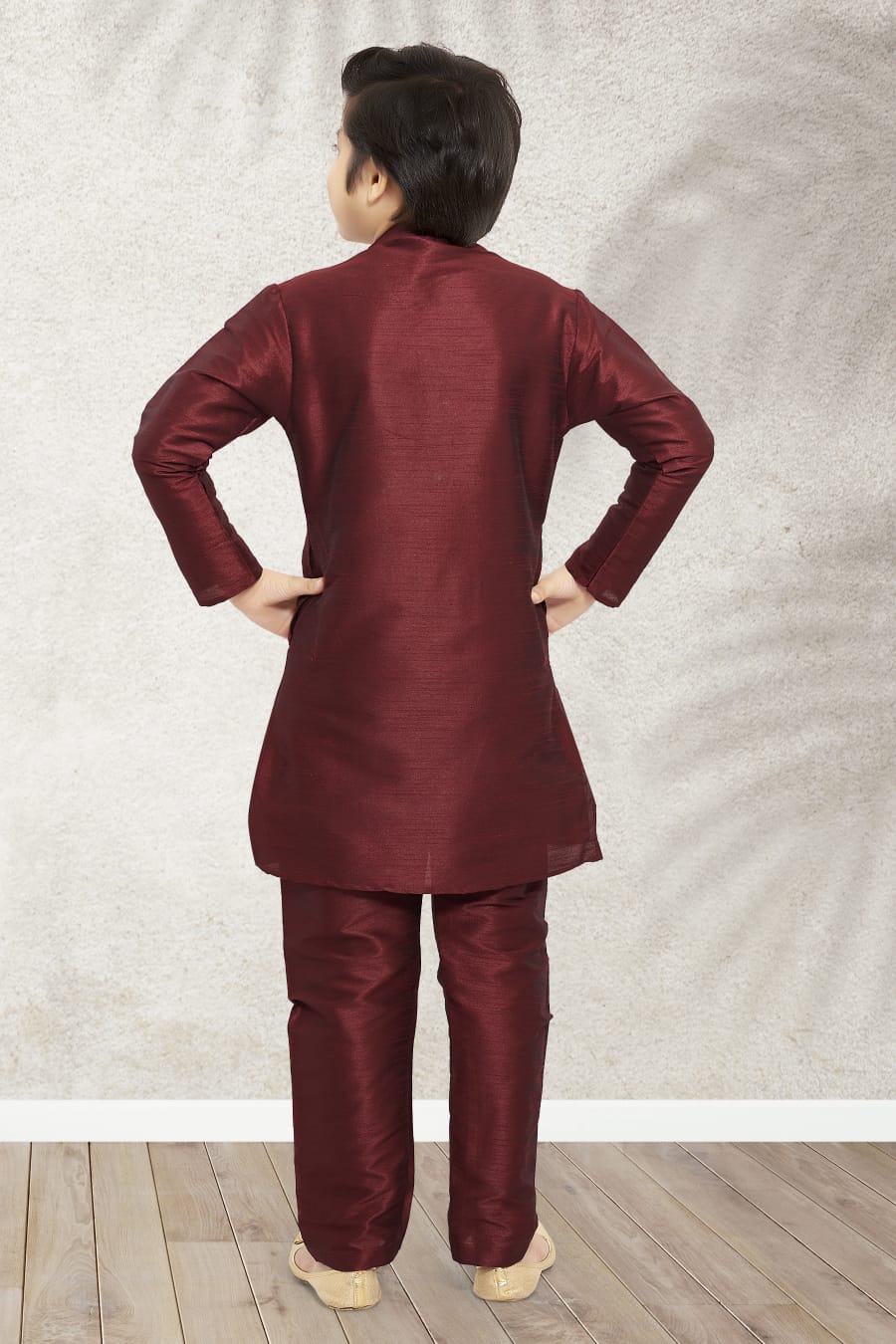 Maroon Pure Soft Art Banarasi Silk Boys Kurta Pajama Jacket Set 