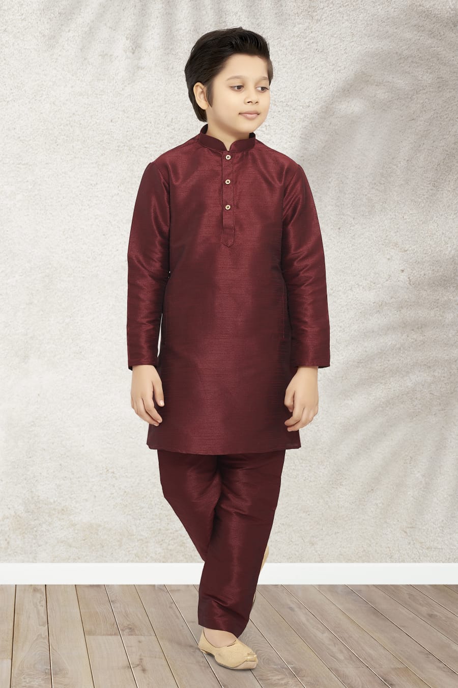 Maroon Pure Soft Art Banarasi Silk Boys Kurta Pajama Jacket Set 