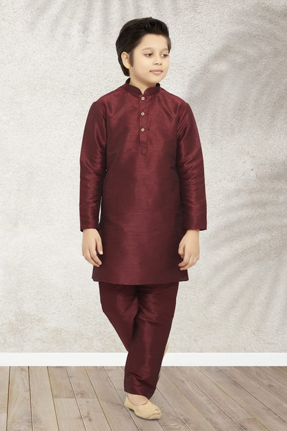 Maroon Pure Soft Art Banarasi Silk Boys Kurta Pajama Jacket Set 
