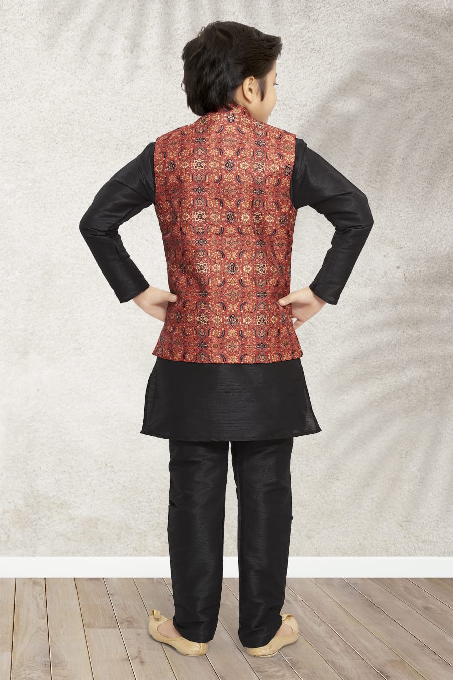 Black Pure Soft Art Banarasi Silk Boys Kurta Pajama Jacket Set 