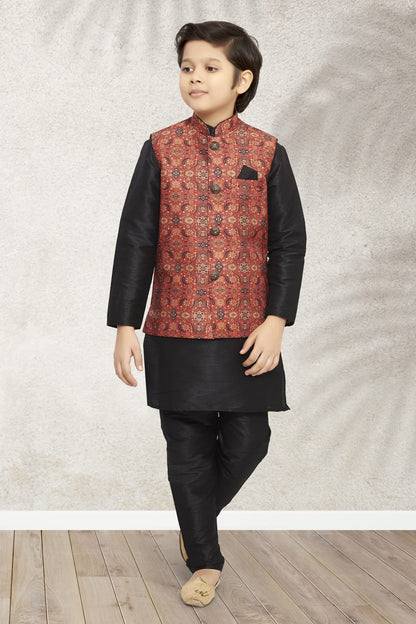 Black Pure Soft Art Banarasi Silk Boys Kurta Pajama Jacket Set 