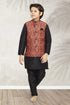 Black Pure Soft Art Banarasi Silk Boys Kurta Pajama Jacket Set 
