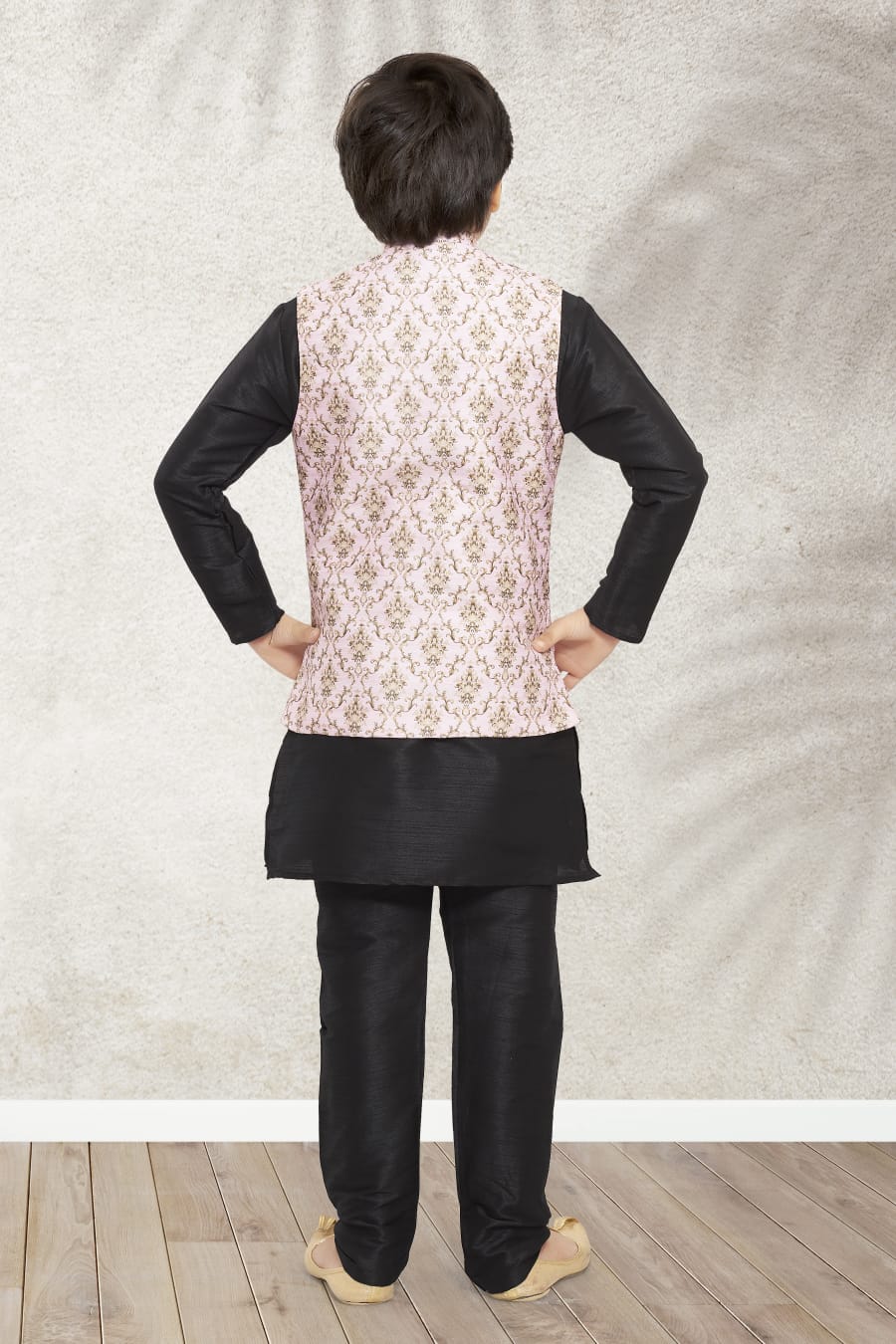 Black Pure Soft Art Banarasi Silk Boys Kurta Pajama Jacket Set 