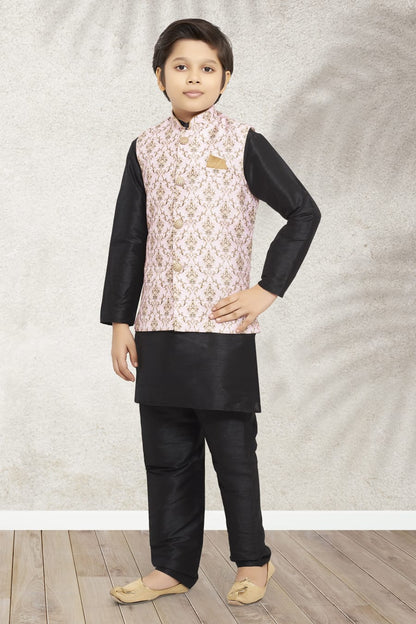 Black Pure Soft Art Banarasi Silk Boys Kurta Pajama Jacket Set 