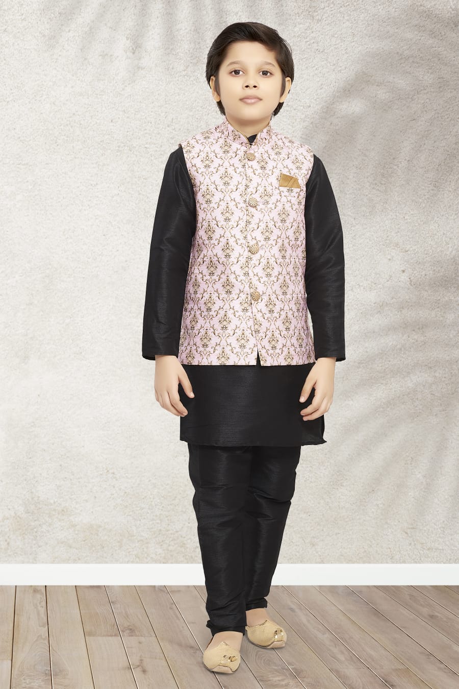 Black Pure Soft Art Banarasi Silk Boys Kurta Pajama Jacket Set 