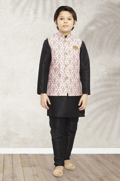 Black Pure Soft Art Banarasi Silk Boys Kurta Pajama Jacket Set 
