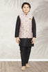 Black Pure Soft Art Banarasi Silk Boys Kurta Pajama Jacket Set 