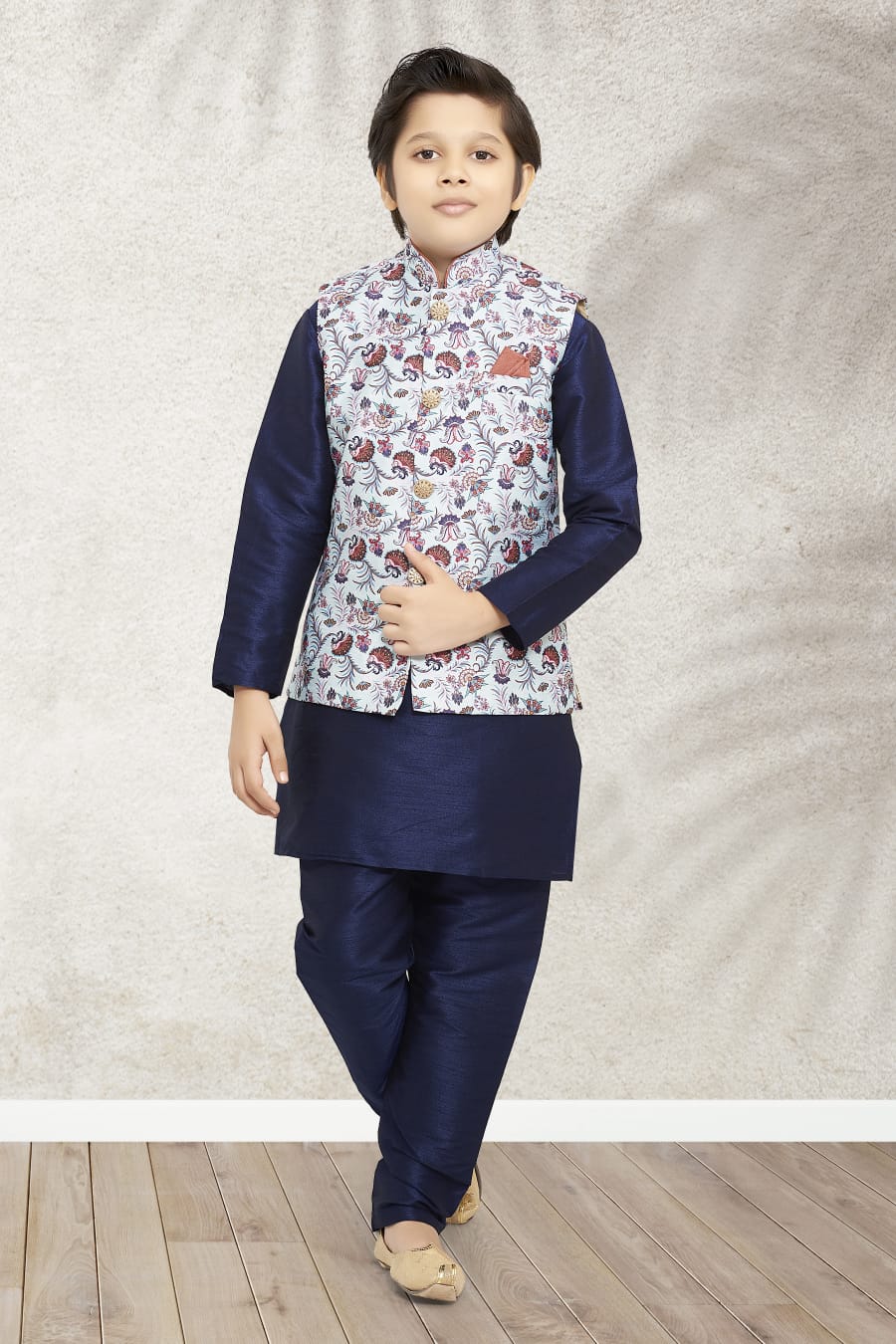 Navy Blue Pure Soft Art Banarasi Silk Boys Kurta Pajama Jacket Set 