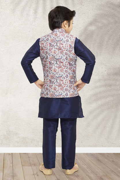 Blue Pure Soft Art Banarasi Silk Boys Kurta Pajama Jacket Set 