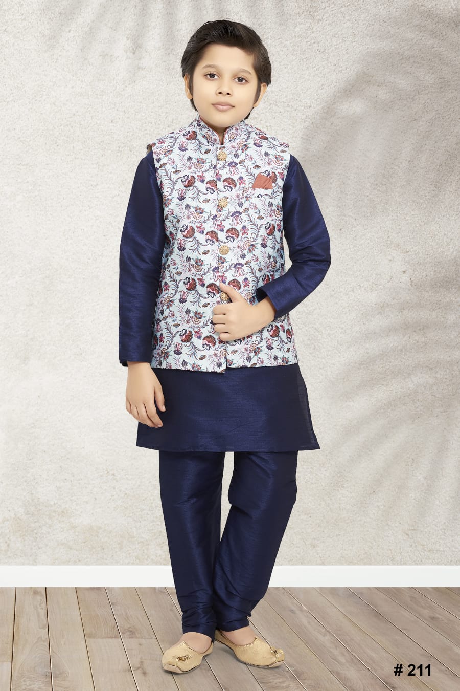 Navy Blue Pure Soft Art Banarasi Silk Boys Kurta Pajama Jacket Set 